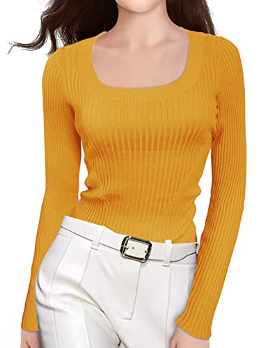 v28 Damen Pullover mit U-Ausschnitt, gestrickt, lange Ärmel, schmale Passform, gerippt, U-neck Mustard, Groß von v28