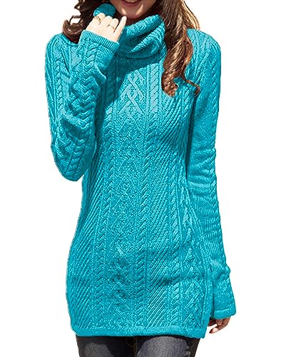 v28 Damen Rollkragenpullover mit Rollkragen, langes, enganliegendes Kleid, figurbetont, Zopfmuster, Seeblau, Mittel von v28