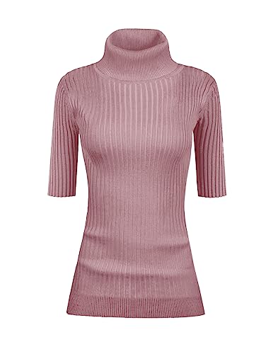 v28 Damen Rollkragenpullover mit halben Ärmeln, hochdehnbarer Rippstrick-Pullover, Beere, Groß von v28