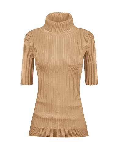 v28 Damen Rollkragenpullover mit halben Ärmeln, hochdehnbarer Rippstrick-Pullover, Khaki, X-Groß von v28