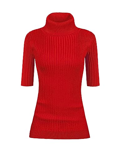v28 Damen Rollkragenpullover mit halben Ärmeln, hochdehnbarer Rippstrick-Pullover, Rot/Ausflug, einfarbig (Getaway Solids), X-Groß von v28