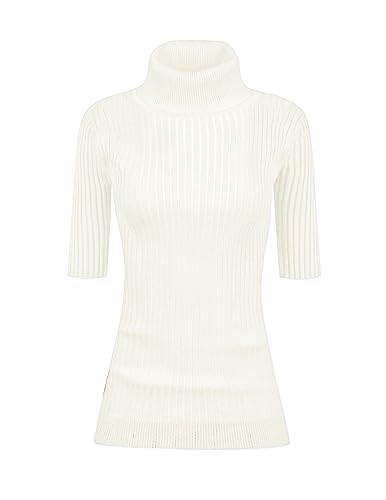 v28 Damen Rollkragenpullover mit halben Ärmeln, hochdehnbarer Rippstrick-Pullover, Weiss/opulenter Garten, Mittel von v28