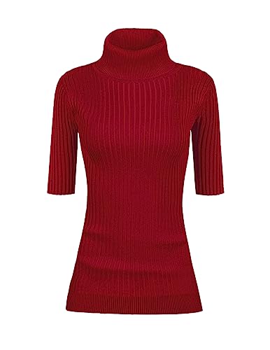 v28 Frauen ärmellose hohe Hals Rollkragen Stretchable Knit Sweater Top, Halblange Ärmel, Burgunderrot, Mittel von v28