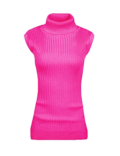 v28 Frauen ärmellose hohe Hals Rollkragen Stretchable Knit Sweater Top, Knallpink (Hot Pink), Groß von v28