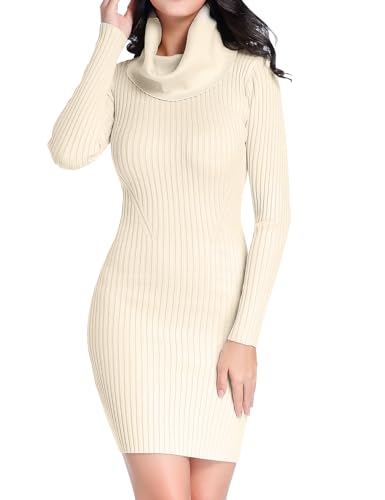 v28 Pulloverkleid für Damen, gerippt, gestrickt, Midi, sexy, Herbst, Winter, figurbetont, Wasserfallkragen, Beige, X-Klein von v28