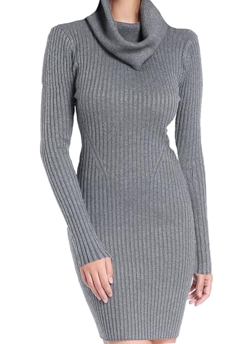 v28 Pulloverkleid für Damen, gerippt, gestrickt, Midi, sexy, Herbst, Winter, figurbetont, Wasserfallkragen, Lightgrey, Mittel von v28