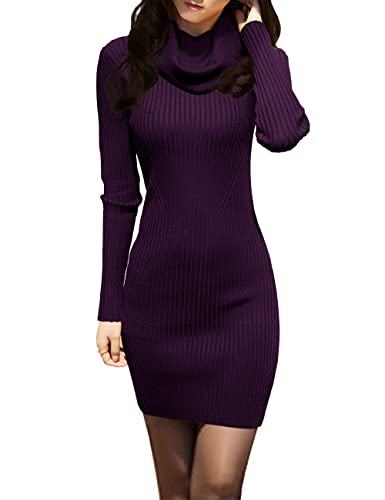 v28 Pulloverkleid für Damen, gerippt, gestrickt, Midi, sexy, Herbst, Winter, figurbetont, Wasserfallkragen, Violett, X-Klein von v28