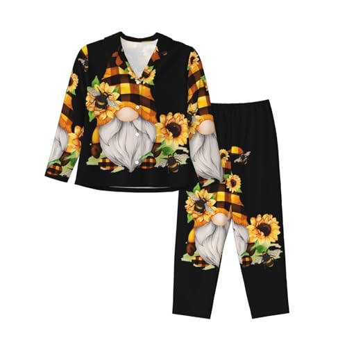Gemütliches und atmungsaktives Damen-Pyjama-Set – Entspannen Sie sich stilvoll mit klassischem Kragen und elastischem Bund Hacker Attack, Zwerg Biene Gelb Floral, 46 von vacsAX