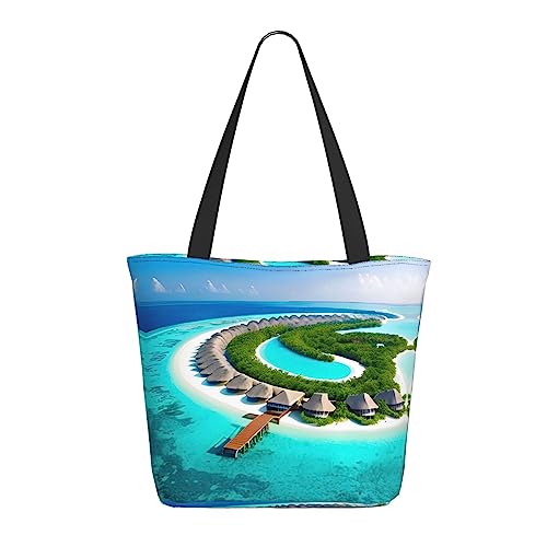 Malediven Landschaft Canvas Tote Bag - Reißverschluss Tote Bag mit Innentasche von Schulter Tote Bags für Frauen Shopping, Schwarz , Einheitsgröße von vacsAX