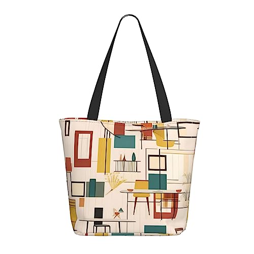 Mid Century Moderne Canvas-Tragetasche – Tragetasche mit Reißverschluss und Innentasche von Schulter Tote Bags für Frauen Shopping, Schwarz , Einheitsgröße von vacsAX