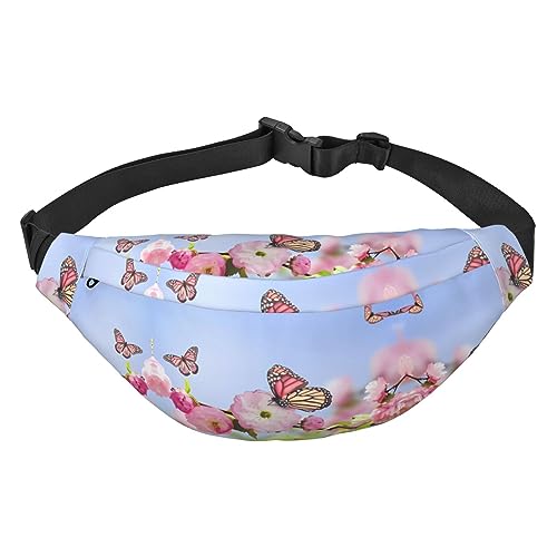 Wasserdichte Gürteltasche für Herren aus Polyester, leicht und langlebig, ideal für Damen und Herren, Schlagzeuger, Rosa Blumen Schmetterlinge, Einheitsgröße von vacsAX