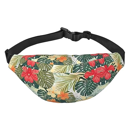 Wasserdichte Gürteltasche für Herren aus Polyester, leicht und langlebig, ideal für Damen und Herren, weißer Tiger, Vegetationsblätter mit Hibiskusblüten, Einheitsgröße von vacsAX