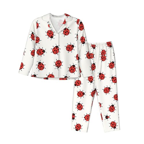 vacsAX Gemütliches und atmungsaktives Damen-Pyjama-Set – Entspannen Sie sich stilvoll mit klassischem Kragen und elastischem Bund, Bücherregal, Marienkäfer-Muster Infinite gesprenkelt, 36 von vacsAX