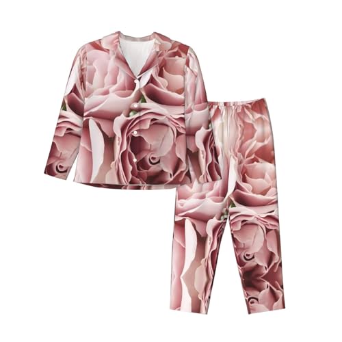 vacsAX Gemütliches und atmungsaktives Damen-Pyjama-Set – Entspannen Sie sich stilvoll mit klassischem Kragen und elastischem Bund, Mohnblumen auf blauem Himmel, Rosa Rosen, 42 von VACSAX
