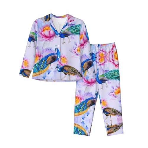 vacsAX Gemütliches und atmungsaktives Damen-Pyjama-Set – Entspannen Sie sich stilvoll mit klassischem Kragen und elastischem Bund, blutige Hände, Schöne Pfauen und Lotus, 36 von vacsAX