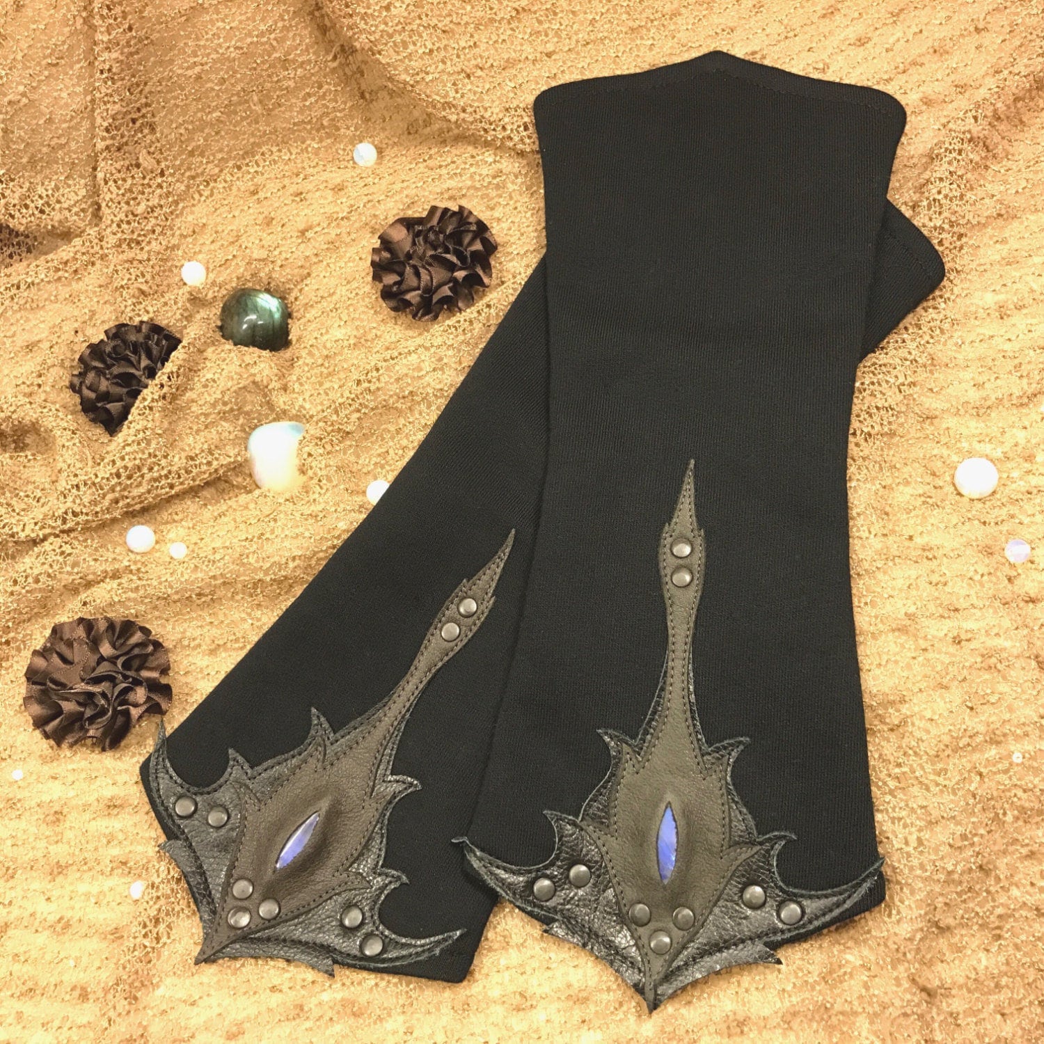 Armstulpen, Schwarze Stoffhandschuhe, Mit Lederapplikationen Und Wunderschönem Mondstein, 12 Farben - Miterija von vaisto