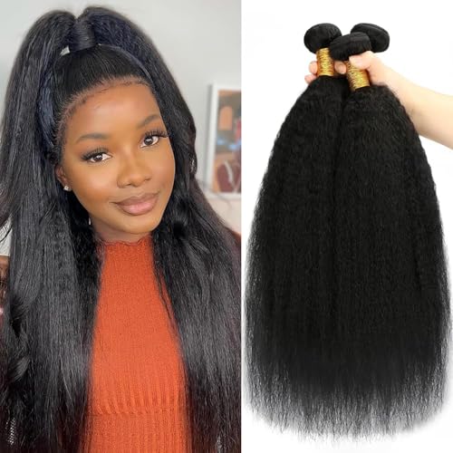 Vallbest Kinky Straight Bundles Yaki Straight Bundles Echthaar, 55,9 cm, 55,9 cm, 55,9 cm, 3 Bündel 12A, 100% unverarbeitete brasilianische Kinkystraight-Bündel, Echthaar-Extensions für Damen von vallbest