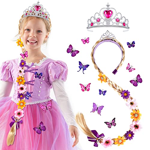 Vamei Rapunzel Perücke Kinder Haarreif Prinzessin Zopf Rapunzel Stirnband mit Kaiserkrone Schmetterling Pin Badge Prinzessin Cosplay Perücke Zubehör für Kinder Mädchen Halloween Karneval Maskerade von vamei