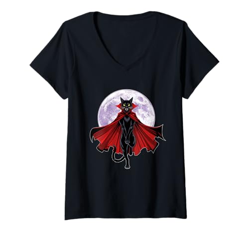 Damen Vampirkatze mit Umhang und Vollmond T-Shirt mit V-Ausschnitt Damen Vampirkatze mit Umhang und Vollmond T-Shirt mit V-Ausschnitt von vampire cat cape full moon fangs night halloween