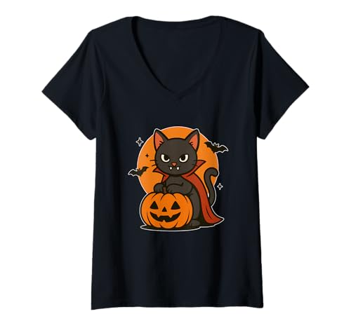 Damen Vampirkatze mit Kürbismond T-Shirt mit V-Ausschnitt Damen Vampirkatze mit Kürbismond T-Shirt mit V-Ausschnitt von vampire cat pumpkin moon bat cute halloween ghost