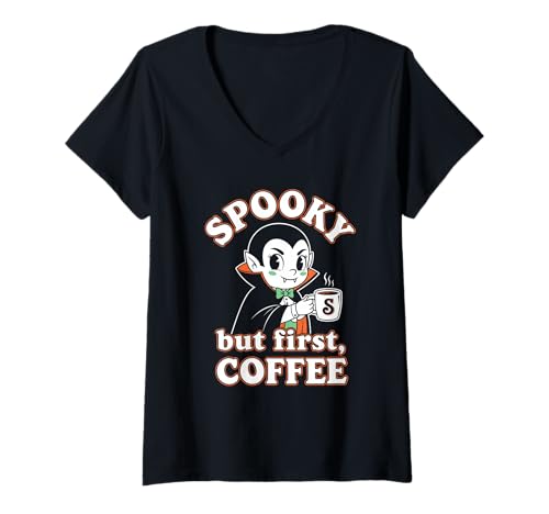 Damen Gruseliger Aber erster Kaffee-Vampir T-Shirt mit V-Ausschnitt Damen Gruseliger Aber erster Kaffee-Vampir T-Shirt mit V-Ausschnitt von vampire coffee spooky caffeine halloween brew