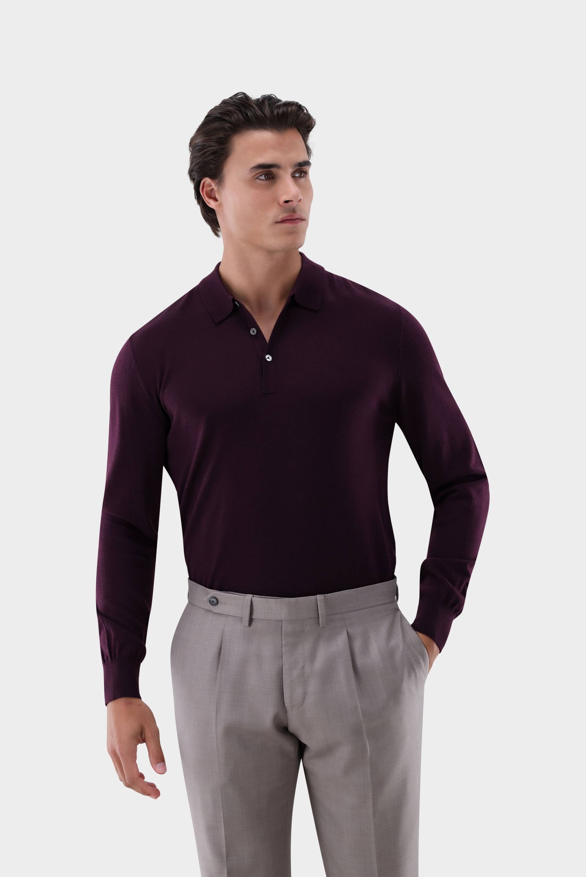 Poloshirt mit Langarm gestrickt aus Merinowolle von van Laack