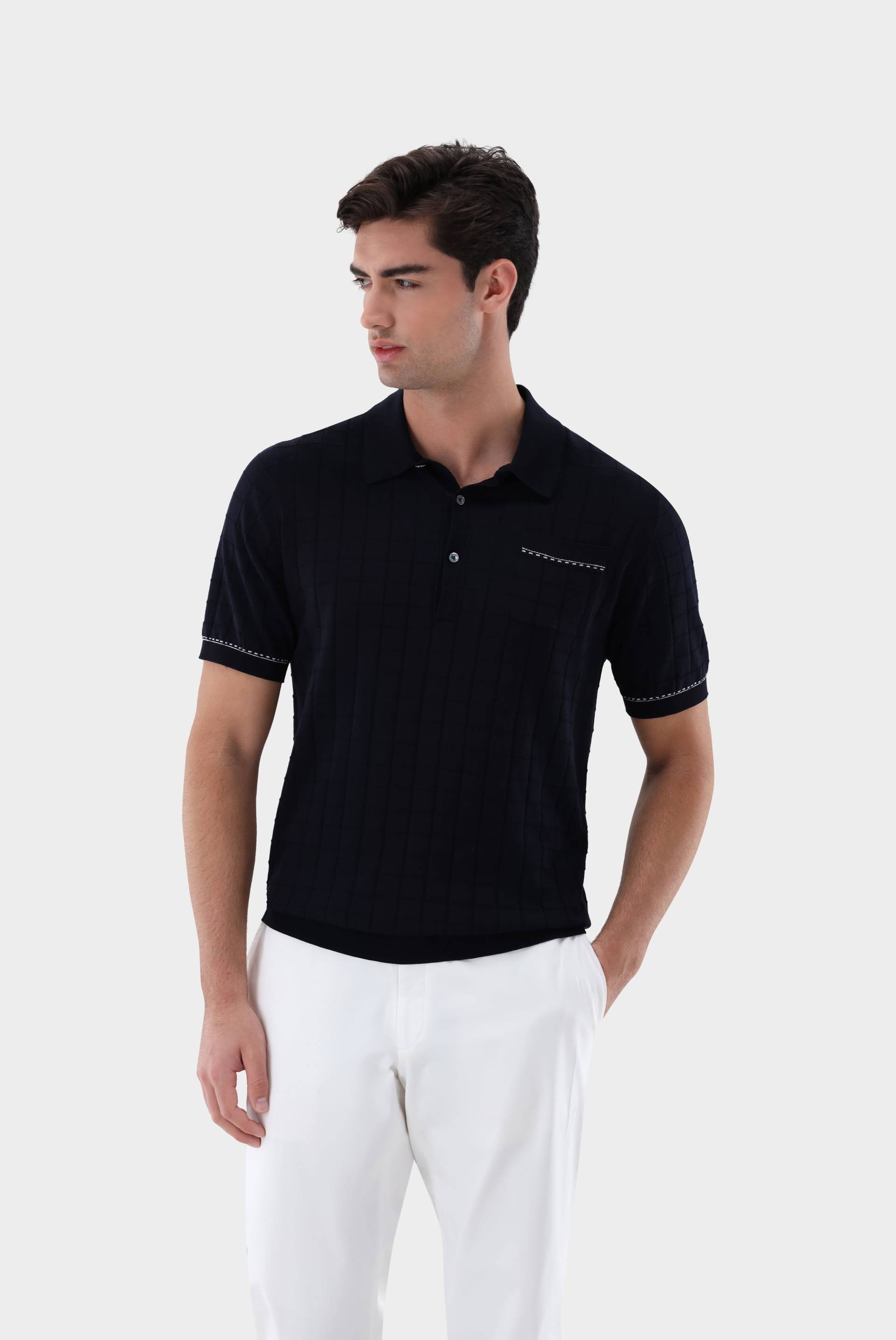 Strick-Poloshirt mit Jacquard Karomuster von van Laack