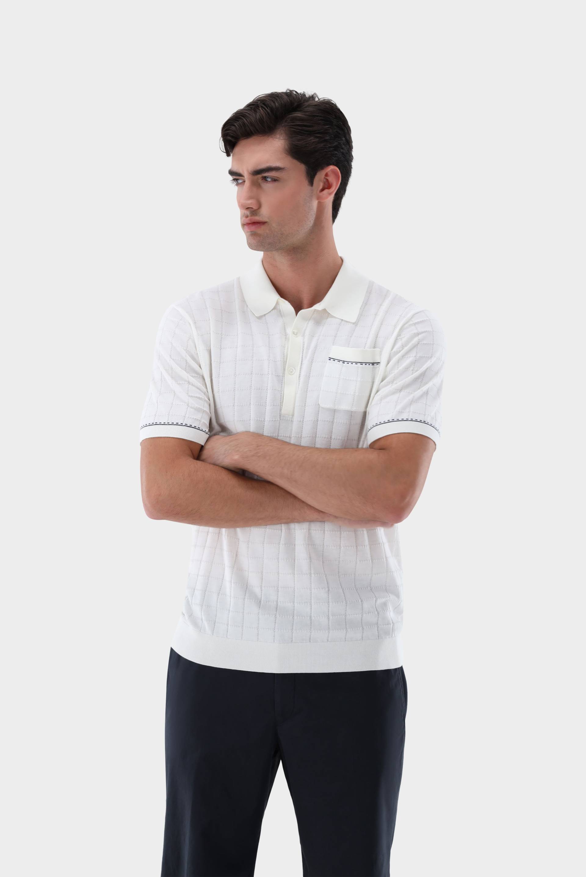 Strick-Poloshirt mit Jacquard Karomuster von van Laack