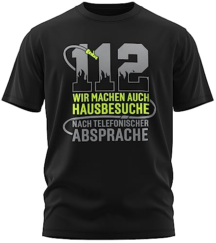 Feuerwehr - 112 wir Machen Hausbesuche nach telefonischer Absprache - Ehrenamt Freiwillige Feuerwehr Spruch Motiv - Herren T-Shirt und Männer Tshirt, Farbe:Schwarz/Neon Gelb, Größe:4XL von vanVerden