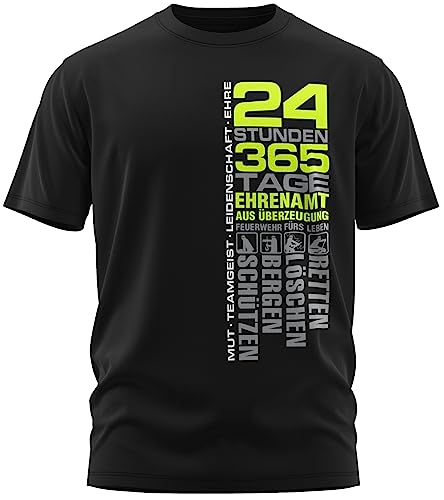 Feuerwehr - 24 Stunden 365 Tage Retten, Löschen, Bergen, Schützen 112 - Ehrenamt Freiwillige Feuerwehr Spruch Motiv - Herren T-Shirt und Männer Tshirt, Farbe:Schwarz/Neon Gelb, Größe:XXL von vanVerden