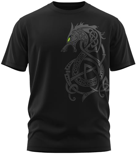 NØRTH Legendary Herren T-Shirt - Fenriswolf 2.0 Fenrir Wolf Brust Aufdruck, nordische Wikinger Walhalla Geschenke für Männer, Odin Thor Valhalla Viking Shirt, Farbe:Schwarz/Grün, Größe:5XL von vanVerden