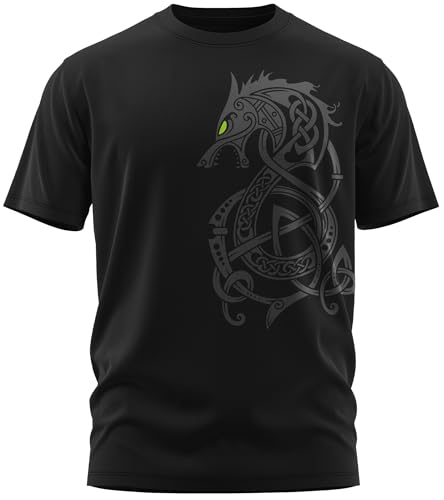 NØRTH Legendary Herren T-Shirt - Fenriswolf 2.0 Fenrir Wolf Brust Aufdruck, nordische Wikinger Walhalla Geschenke für Männer, Odin Thor Valhalla Viking Shirt, Größe:M, Farbe:Grün von vanVerden