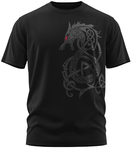 NØRTH Legendary Herren T-Shirt - Fenriswolf 2.0 Fenrir Wolf Brust Aufdruck, nordische Wikinger Walhalla Geschenke für Männer, Odin Thor Valhalla Viking Shirt, Farbe:Schwarz/Blutrot, Größe:XXL von vanVerden