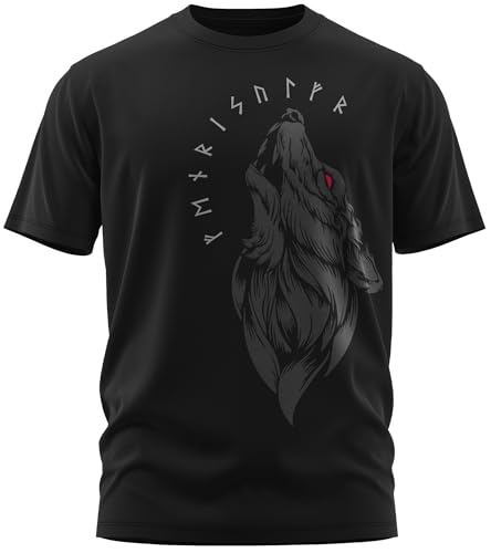 NØRTH Legendary Herren T-Shirt - Fenriswolf 1.0 Fenrir Wolf Brust Aufdruck, nordische Wikinger Walhalla Geschenke für Männer, Odin Thor Valhalla Viking Shirt, Farbe:Schwarz/Blutrot, Größe:L von vanVerden