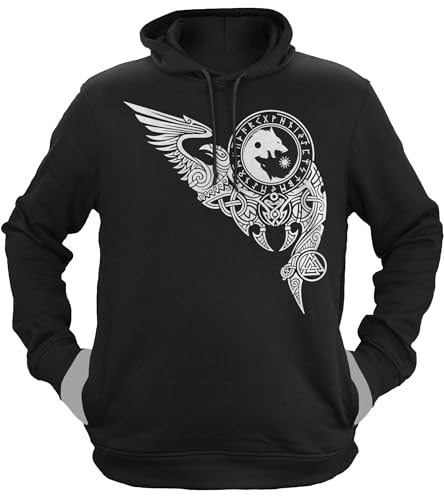 NØRTH Legendary Herren Hoodie mit Kapuze - Wölfe Skalli und Hatti - nordische Wikinger Walhalla Geschenke für Männer, Valhalla Viking Herren Pullover, Farbe:Schwarz/Weiß, Größe:XL von vanVerden