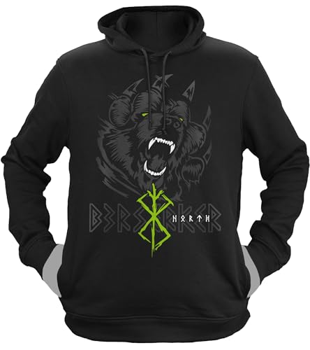 NØRTH Legendary Herren Hoodie mit Kapuze - Bär Björn Krieger Berserker - nordische Wikinger Walhalla Geschenke für Männer, Valhalla Viking Herren Pullover, Farbe:Schwarz/Grün, Größe:L von vanVerden