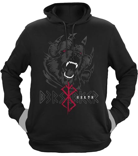 NØRTH Legendary Herren Hoodie mit Kapuze - Bär Björn Krieger Berserker - nordische Wikinger Walhalla Geschenke für Männer, Valhalla Viking Herren Pullover, Farbe:Schwarz/Blutrot, Größe:S von vanVerden