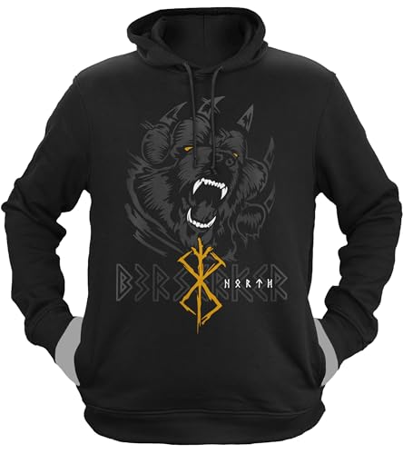 NØRTH Legendary Herren Hoodie mit Kapuze - Bär Björn Krieger Berserker - nordische Wikinger Walhalla Geschenke für Männer, Valhalla Viking Herren Pullover, Farbe:Schwarz/Gelb, Größe:XL von vanVerden