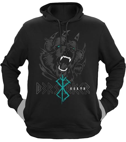 NØRTH Legendary Herren Hoodie mit Kapuze - Bär Björn Krieger Berserker - nordische Wikinger Walhalla Geschenke für Männer, Valhalla Viking Herren Pullover, Farbe:Schwarz/Petrol, Größe:3XL von vanVerden