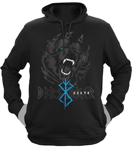 NØRTH Legendary Herren Hoodie mit Kapuze - Bär Björn Krieger Berserker - nordische Wikinger Walhalla Geschenke für Männer, Valhalla Viking Herren Pullover, Farbe:Schwarz/Blau, Größe:XXL von vanVerden