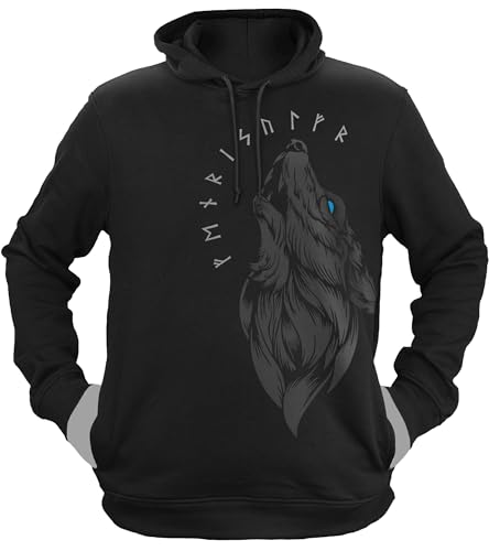 NØRTH Legendary Herren Hoodie mit Kapuze - Fenriswolf 1.0 Fenrir Wolf - nordische Wikinger Walhalla Geschenke für Männer, Valhalla Viking Herren Pullover, Farbe:Schwarz/Blau, Größe:L von vanVerden