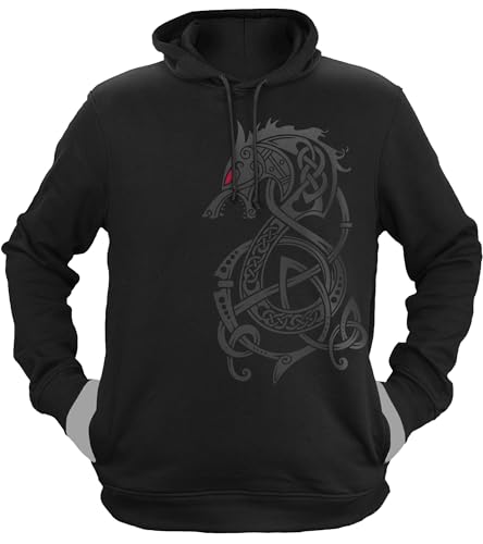 NØRTH Legendary Herren Hoodie mit Kapuze - Fenriswolf 2.0 Fenrir Wolf - nordische Wikinger Walhalla Geschenke für Männer, Valhalla Viking Herren Pullover, Farbe:Schwarz/Blutrot, Größe:S von vanVerden