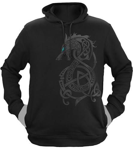 NØRTH Legendary Herren Hoodie mit Kapuze - Fenriswolf 2.0 Fenrir Wolf - nordische Wikinger Walhalla Geschenke für Männer, Valhalla Viking Herren Pullover, Farbe:Schwarz/Petrol, Größe:XS von vanVerden