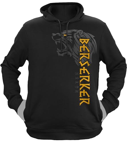 NØRTH Legendary Herren Hoodie mit Kapuze - Berserker Bär Krieger - nordische Wikinger Walhalla Geschenke für Männer, Valhalla Viking Herren Pullover, Farbe:Schwarz/Gelb, Größe:XXL von vanVerden