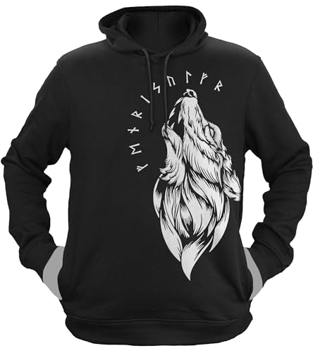 NØRTH Legendary Herren Hoodie mit Kapuze - Fenriswolf 1.0 Fenrir Wolf - nordische Wikinger Walhalla Geschenke für Männer, Valhalla Viking Herren Pullover, Farbe:Schwarz/Weiß, Größe:XL von vanVerden