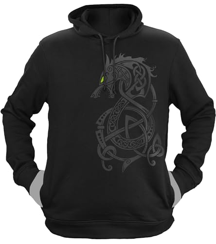 NØRTH Legendary Herren Hoodie mit Kapuze - Fenriswolf 2.0 Fenrir Wolf - nordische Wikinger Walhalla Geschenke für Männer, Valhalla Viking Herren Pullover, Farbe:Schwarz/Grün, Größe:M von vanVerden