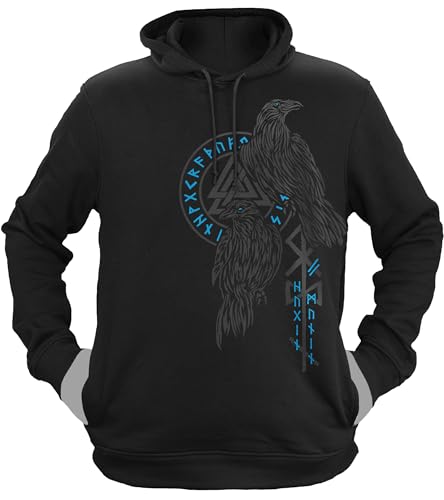 NØRTH Legendary Herren Hoodie mit Kapuze - Hugin und Munin Odin Raben - nordische Wikinger Walhalla Geschenke für Männer, Valhalla Viking Herren Pullover, Farbe:Schwarz/Blau, Größe:XS von vanVerden