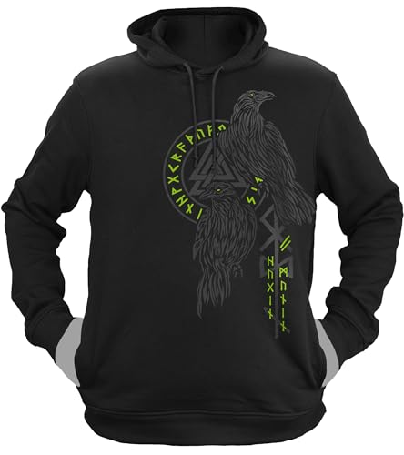 NØRTH Legendary Herren Hoodie mit Kapuze - Hugin und Munin Odin Raben - nordische Wikinger Walhalla Geschenke für Männer, Valhalla Viking Herren Pullover, Farbe:Schwarz/Grün, Größe:M von vanVerden