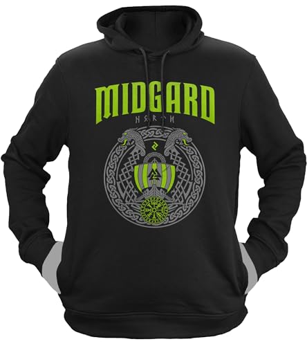 NØRTH Legendary Herren Hoodie mit Kapuze - Midgard - Floki Drachenboot - nordische Wikinger Walhalla Geschenke für Männer, Valhalla Viking Herren Pullover, Farbe:Schwarz/Grün, Größe:M von vanVerden