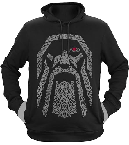 NØRTH Legendary Herren Hoodie mit Kapuze - Odin Gott Rabe - nordische Wikinger Walhalla Geschenke für Männer, Valhalla Viking Herren Pullover, Farbe:Schwarz/Blutrot, Größe:3XL von vanVerden